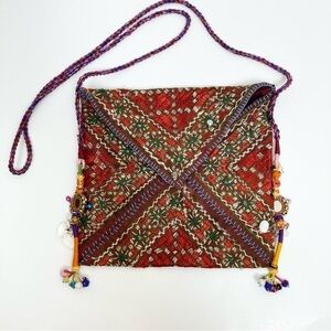 Vtg Boho Mirrored Embroidered Embellished Indian Envelope Crossbody Bag Dowry OS